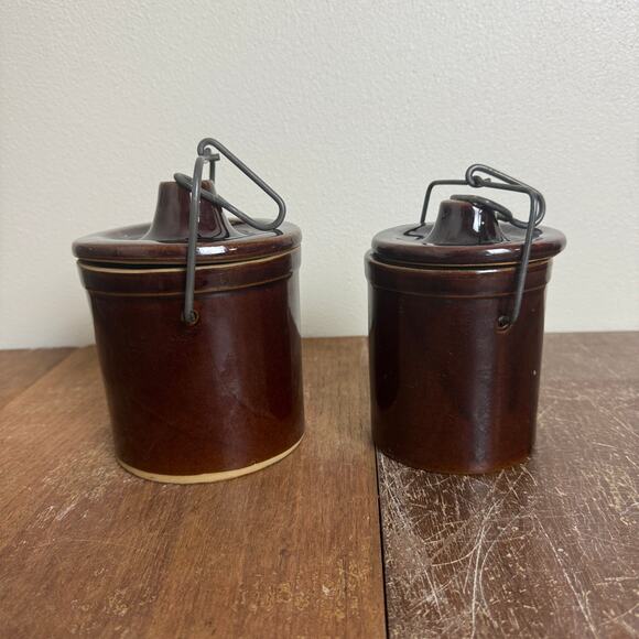 Pair (2) Brown Glazed Stoneware Crock Canisters with Bale hinge Lock lid - Picture 8 of 8